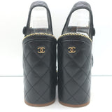 Chanel 15P Chain-Trim Quilted Wedge Sandals Black Braided Leather Size 36