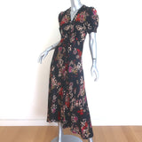 Saloni Lea Puff Sleeve Midi Dress Black Floral Jacquard Silk Size US 2