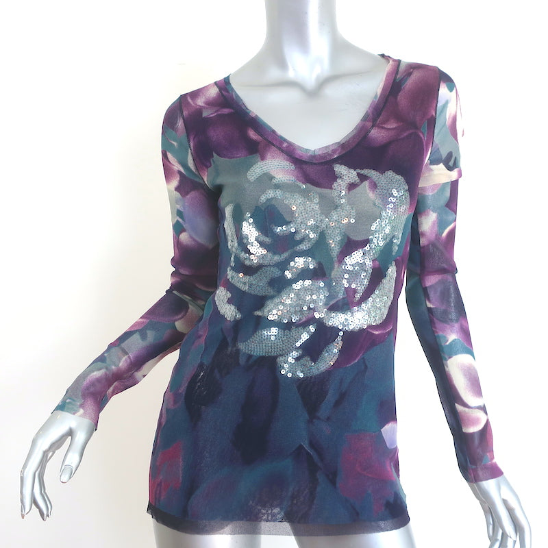 Fuzzi Jean Paul Gaultier Flower-Sequined Long Sleeve Top Purple/Blue Mesh Size Extra Large