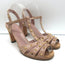 Gucci Jacquelyne Studded T-Strap Cork Sandals Nude Patent Leather Size 39