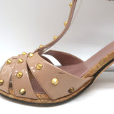 Gucci Jacquelyne Studded T-Strap Cork Sandals Nude Patent Leather Size 39