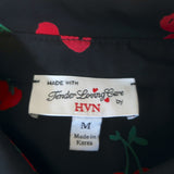 HVN Cristina Blouse Black Cherry Print Silk Size Medium Long Sleeve Top