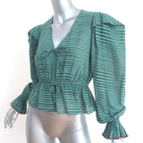 Ulla Johnson Ophelia Peplum Top Teal Striped Cotton Size 0 Long Sleeve Blouse