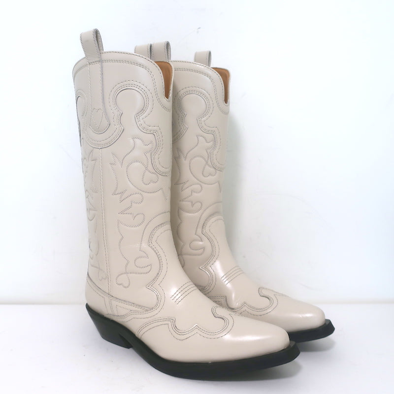 GANNI Embroidered Western Boots Cream Leather Size 39