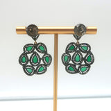 Teardrop Emerald Pave Diamond Flower Drop Earrings