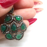 Teardrop Emerald Pave Diamond Flower Drop Earrings