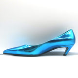 Balenciaga Talon Slash Kitten Heel Pumps Blue Metallic Leather Size 38.5