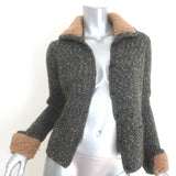 Prada Shearling-Trimmed Cardigan Charcoal Mohair-Blend Speckled Knit Size 42