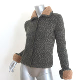 Prada Shearling-Trimmed Cardigan Charcoal Mohair-Blend Speckled Knit Size 42