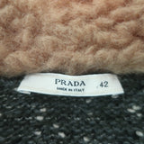 Prada Shearling-Trimmed Cardigan Charcoal Mohair-Blend Speckled Knit Size 42