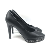 Chanel 14B CC Cap Toe Chain Platform Pumps Black Leather Size 38.5