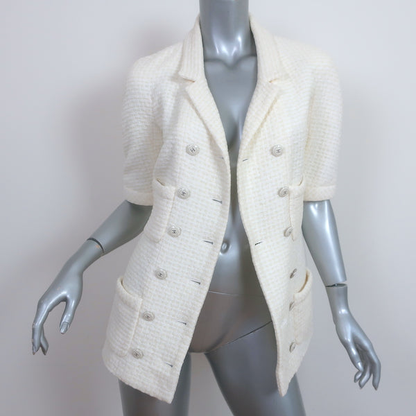 Chanel 14C Woven Tweed Short Sleeve Double Breasted Jacket Cream Size Celebrity Owned