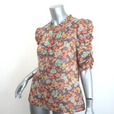 Veronica Beard Natuka Ruched Top Floral Print Cotton Size 8 Short Sleeve Blouse