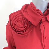 Valentino Rosette Collared Shirt Red Stretch Cotton Size 42 Long Sleeve Top