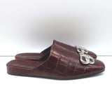 Balenciaga Cosy BB mules in burgundy croc-embossed leather, authentic pre-owned luxury flats, size 36