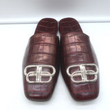 Balenciaga Cosy BB mules, burgundy croc-embossed leather, pre-owned, authentic luxury condition.
