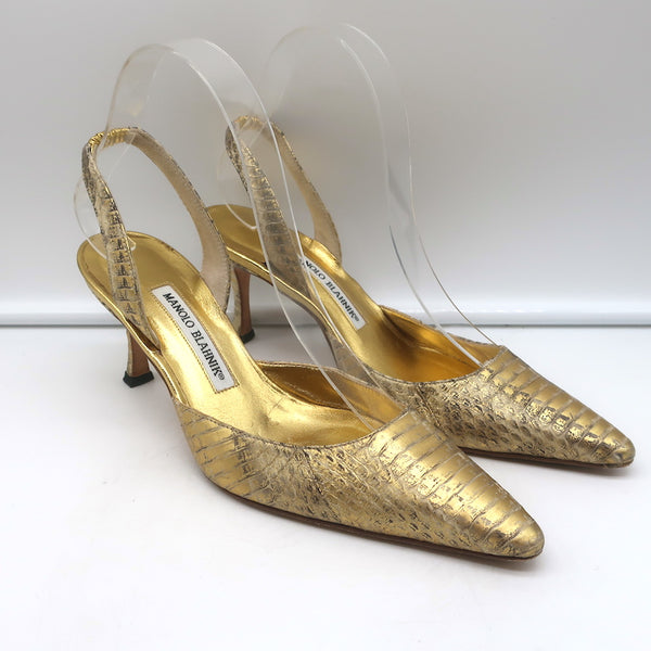 Manolo Blahnik Carolyne Slingback Pumps Gold Snakeskin Size 37