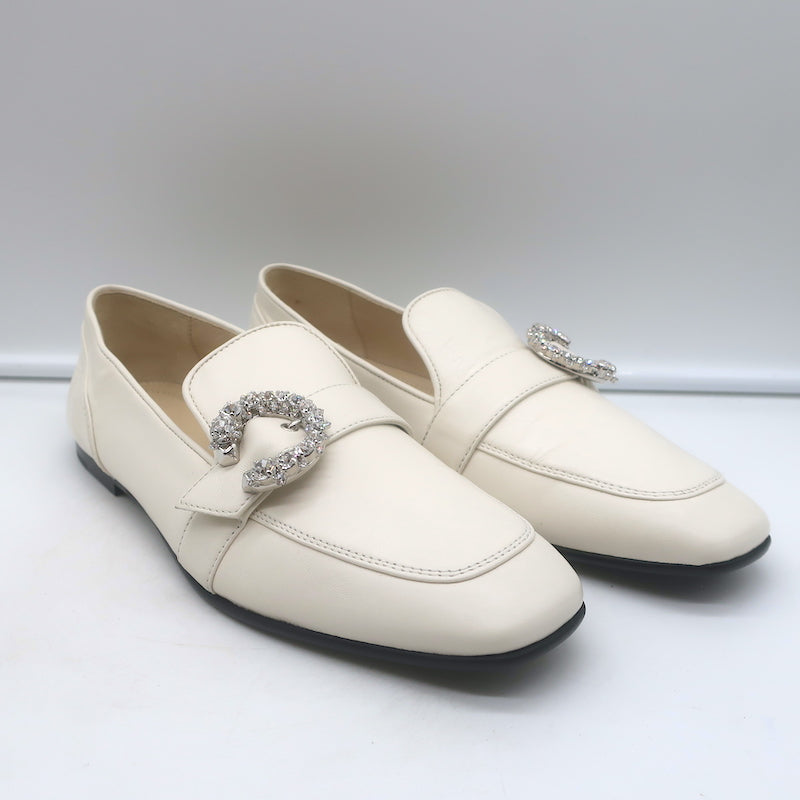 Jimmy Choo Mani Crystal-Buckle Loafers Cream Leather Size 38