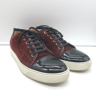 Lanvin Cap Toe Low Top Sneakers Burgundy Suede & Black Patent Leather Size 10