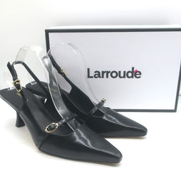 Authentic Larroude Ines buckled slingback pumps, black leather pointed-toe heels, pre-owned gently worn