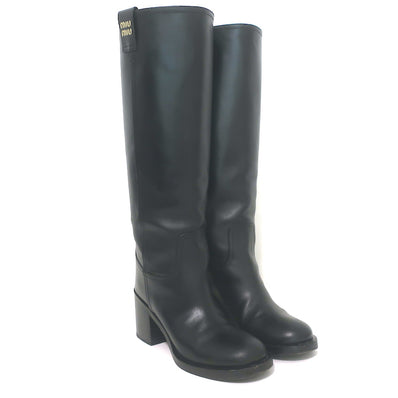 Miu Miu Logo-Detailed Pull-On Knee High Boots Black Leather Size 37