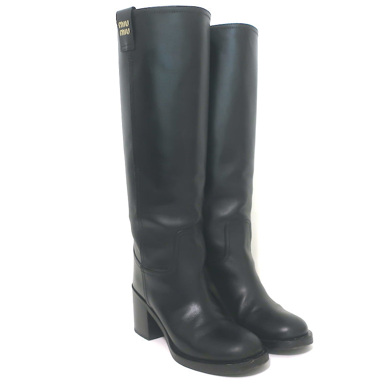 Miu Miu Logo-Detailed Pull-On Knee High Boots Black Leather Size 37