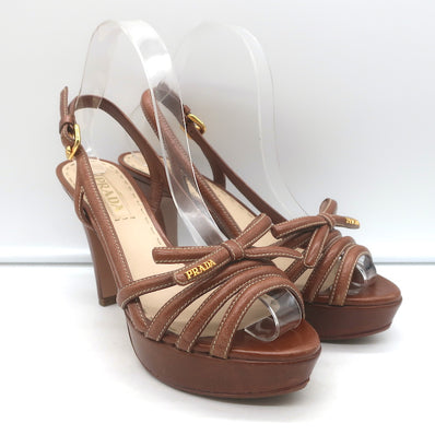 Prada Slingback Bow Sandals Brown Leather Size 37.5 Open Toe Platform Heels
