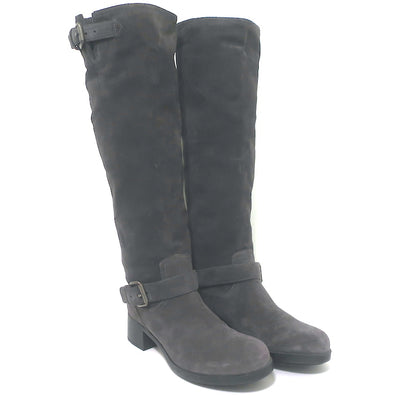 Prada Sport Knee High Moto Boots Dark Gray Suede Size 38