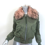 SAM. Jenny Raccoon Fur-Collar Bomber Jacket Olive Size Small