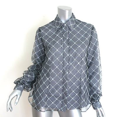 Sandy Liang Toney embroidered mesh-overlay top in navy gingham, pre-owned size 6, authentic luxury, gently worn.