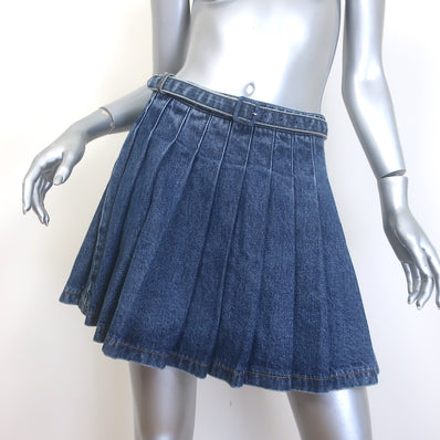 Self-Portrait Belted Pleated Denim Mini Skirt