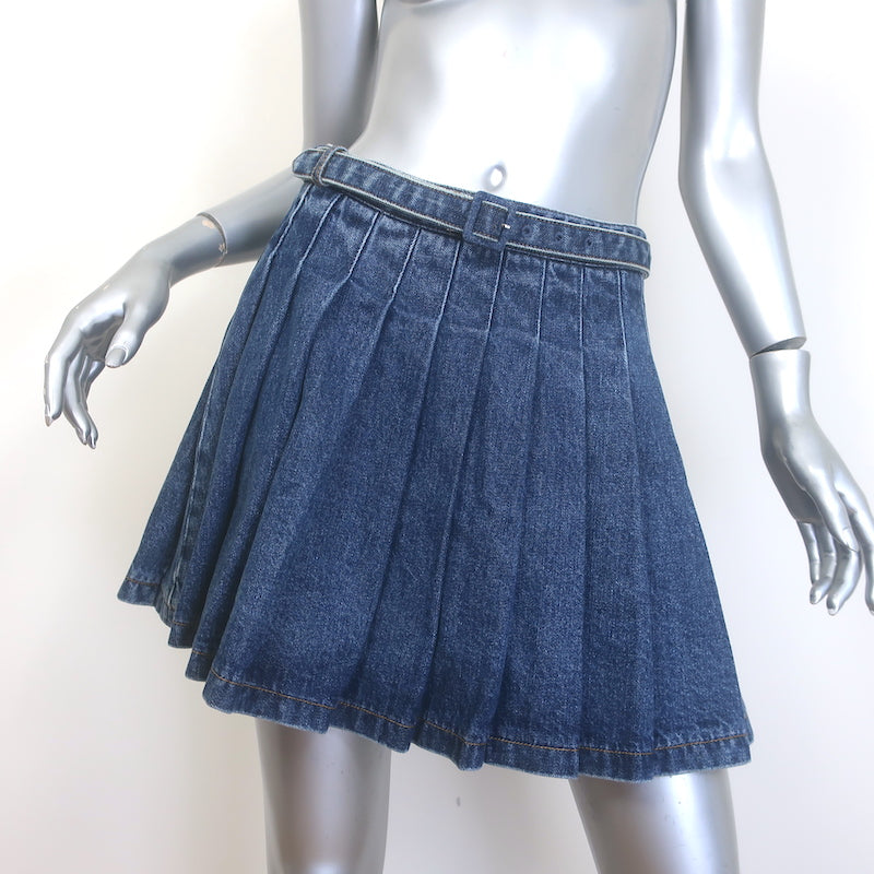Self-Portrait Belted Pleated Denim Mini Skirt