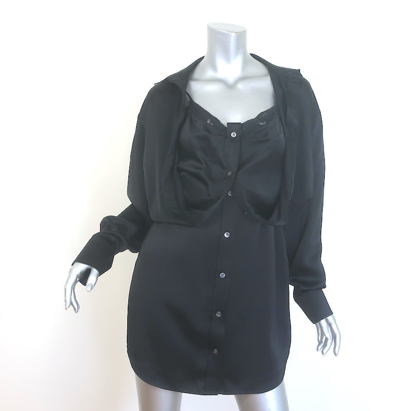 T by Alexander Wang Layered Mini Shirt Dress Black Silk Charmeuse Size 4 NEW