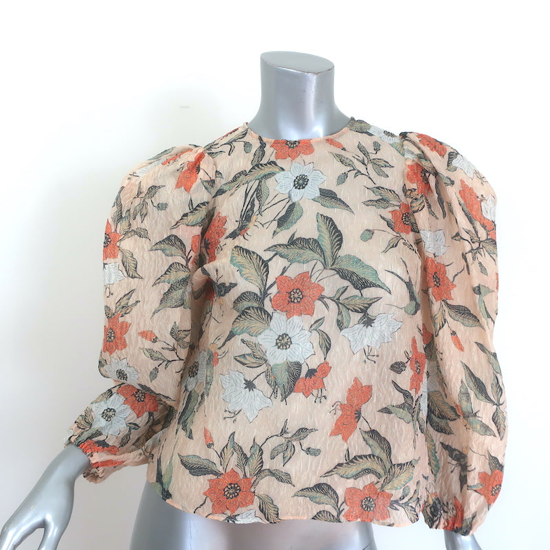 Ulla Johnson Eliza Puff Sleeve Blouse Alabaster Floral Print Silk Cloque Size 0