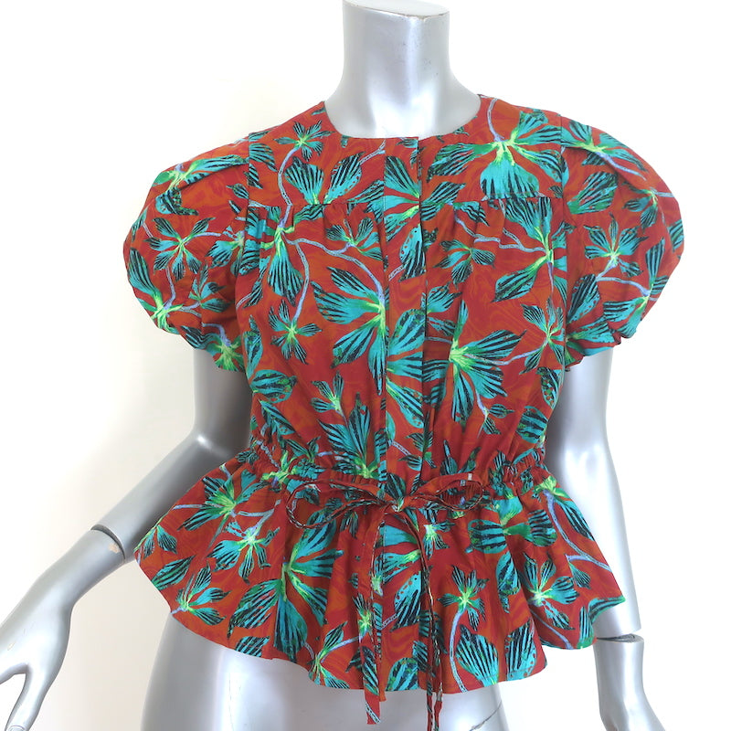 Ulla Johnson Mila puff-sleeve peplum top in rust floral poplin, size 2 — gently pre-owned, authentic designer piece