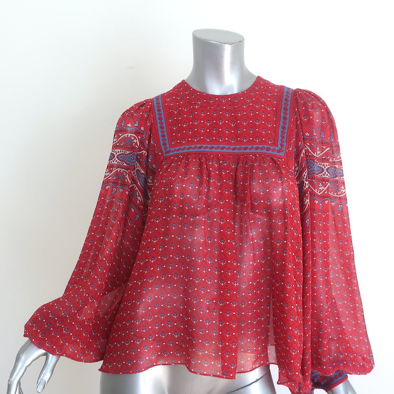 Ulla Johnson Minou Blouse Red Paisley Print Chiffon Size 4 Long Sleeve Top
