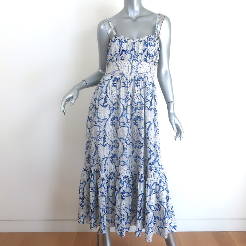 Ulla Johnson Nadine Sweetheart Midi Dress Blue/White Damask Print Size 6