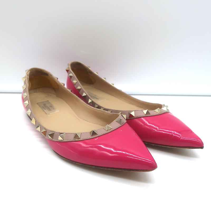 Valentino Rockstud Pointed Toe Ballet Flats Fuchsia Patent Leather Size 39