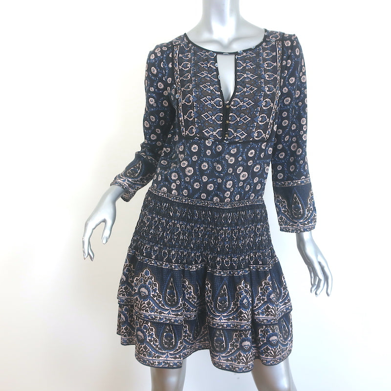 Veronica Beard Makai Mini Dress Navy Paisley Print Ruched Silk Size 6