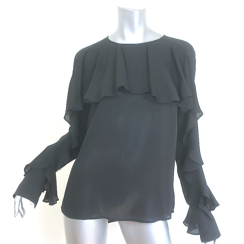 Veronica Beard Mia Ruffle Blouse Black Silk Size 4 Long Sleeve Top
