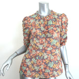 Veronica Beard Natuka Ruched Top Floral Print Cotton Size 8 Short Sleeve Blouse