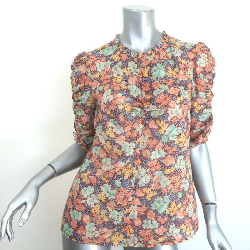 Veronica Beard Natuka Ruched Top Floral Print Cotton Size 8 Short Sleeve Blouse
