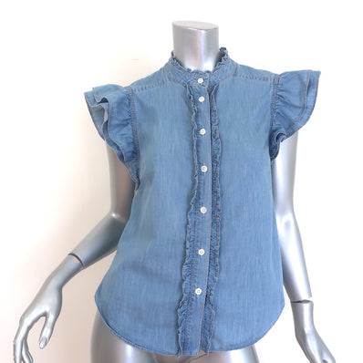 Veronica Beard Tenille Ruffled Flutter Sleeve Top Blue Chambray Size Small