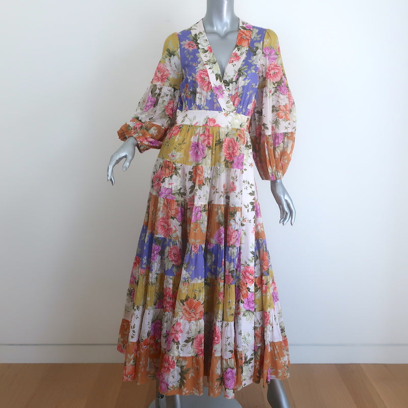 Zimmermann Pattie Midi Wrap Dress Patchwork Floral Print Cotton Size 1
