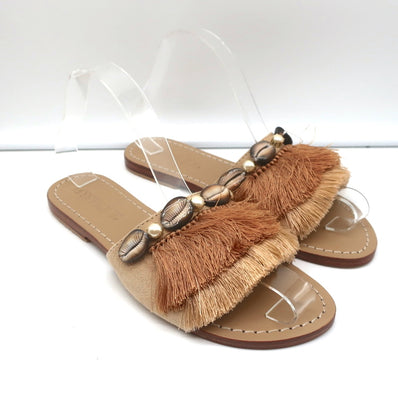 Mystique Shell-Embellished Fringed Slide Sandals Beige Suede Size 7 NEW