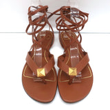 Valentino Roman Stud Ankle Wrap Flat Sandals Brown Leather Size 37