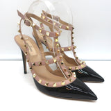 Valentino Rockstud Caged Slingback Pumps Black Patent & Poudre Leather Size 39