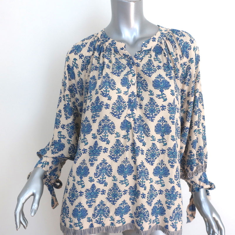 Natalie Martin Tie-Sleeve Top Renata Ivory/Blue Cyprus Print Size Extra Small