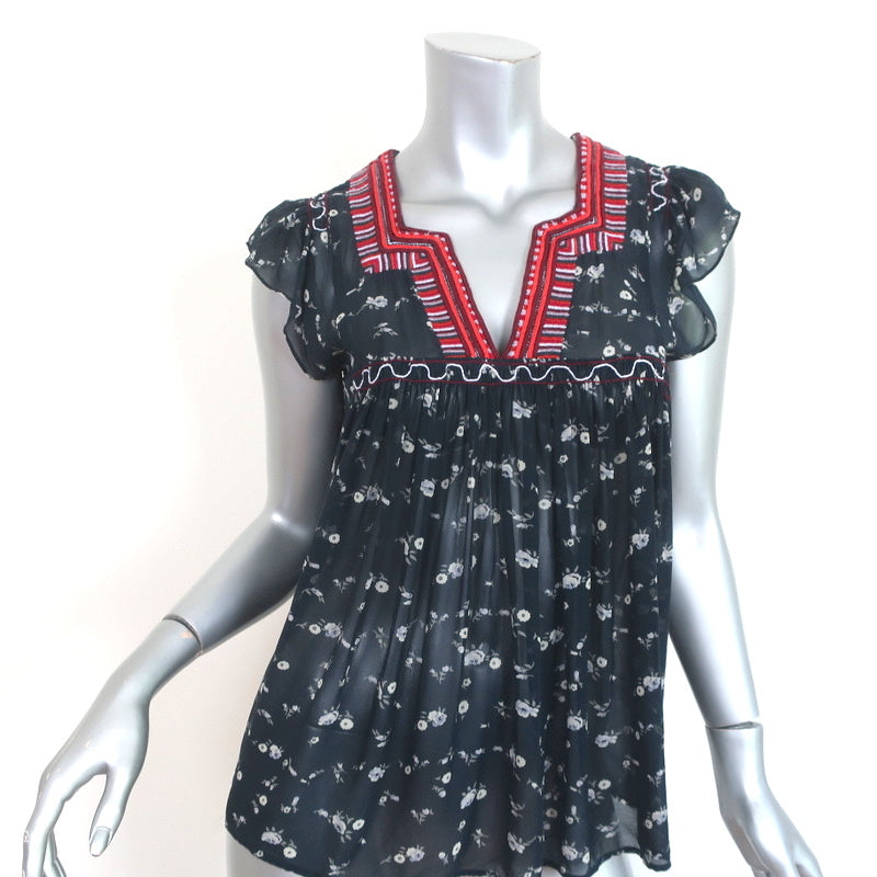Ulla Johnson Top Anosha Navy Embroidered Floral Print Georgette Size 0