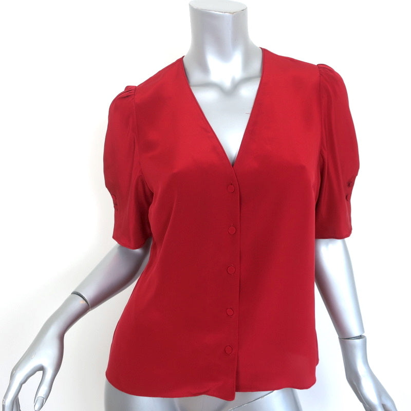 FRAME Puff Sleeve Top Olivia Lipstick Red Silk Size Small Button-Up Blouse